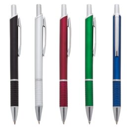 Caneta plástica fosca inteira colorida com detalhes prata.