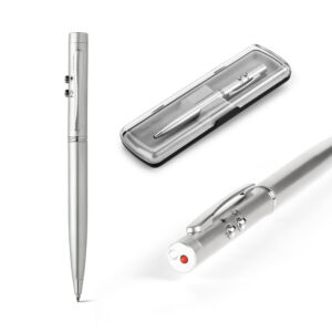 EBRE. Esferográfica em metal com ponteira laser, LED e escrita em azul