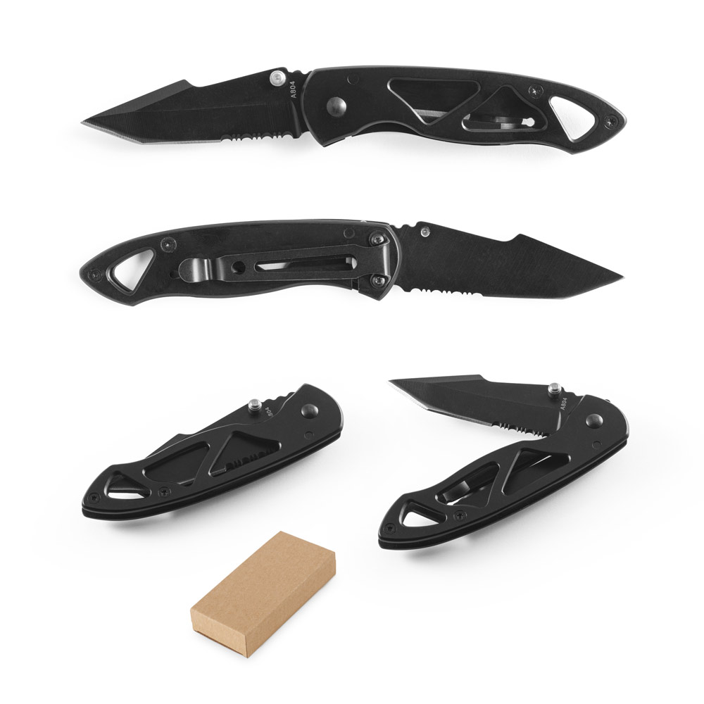 YAGO. Canivete em aço inox e metal com fecho de segurança e clipe