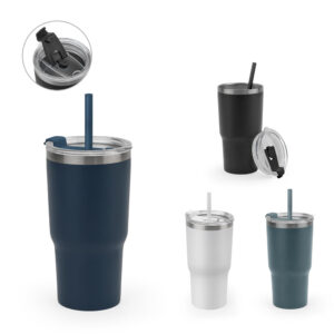 JOYNER M. Copo de viagem compacto em aço inox 91% reciclado com parede dupla isolada a vácuo e acabamento mate 600 mL