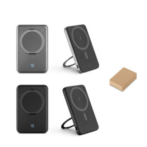 WARSHEL 5. Bateria portátil magnética em ABS 100% reciclado com suporte, carregador wireless super-rápido 15W e capacidade de 5'000 mAh