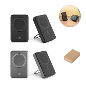 WARSHEL 10. Bateria portátil magnética em ABS 100% reciclado com suporte, carregador wireless super-rápido 15W e capacidade de 10'000 mAh