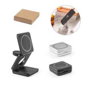 BROGLIE. Carregador magnético wireless super-rápido dobrável em ABS 100% reciclado que permite carregar três dispositivos simultaneamente