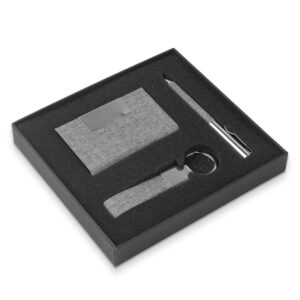 Kit Escritório Porta Cartão, Chaveiro e Caneta Metálica - Cinza